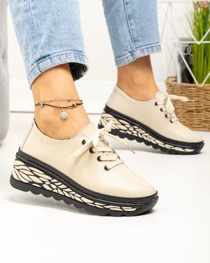Pantofi casual dama piele naturala bej cu negru si talpa groasa JY5096