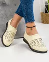 Pantofi casual dama piele naturala bej cu perforatii florale si inchidere scai T-3023 4