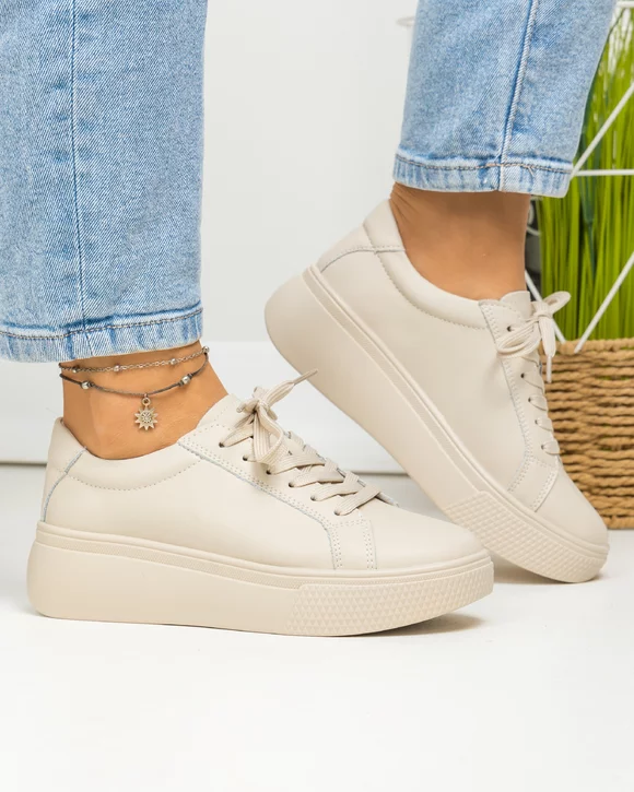 Pantofi casual dama piele naturala bej cu talpa groasa si inchidere sireturi F001-773