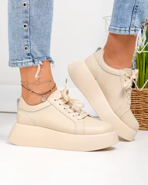 Pantofi casual dama piele naturala bej cu talpa groasa T-5025