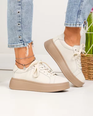 Pantofi casual dama piele naturala bej cu talpa maro captusiti F001-872