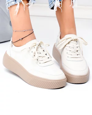 Pantofi casual dama piele naturala bej cu talpa maro F001-924