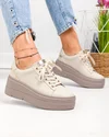 Pantofi casual dama piele naturala bej cu talpa maro si inchidere sireturi F002-437 1