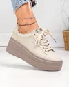 Pantofi casual dama piele naturala bej cu talpa maro si inchidere sireturi F002-437 3