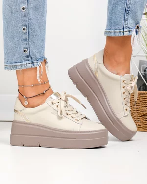 Pantofi casual dama piele naturala bej cu talpa maro si inchidere sireturi F002-437