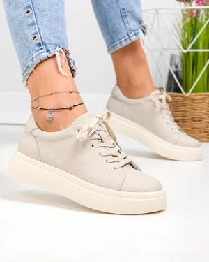Pantofi casual dama piele naturala bej cu varf rotund si inchidere sireturi F002-408