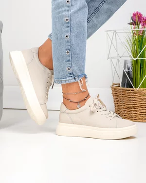 Pantofi casual dama piele naturala bej cu varf rotund si inchidere sireturi F002-408