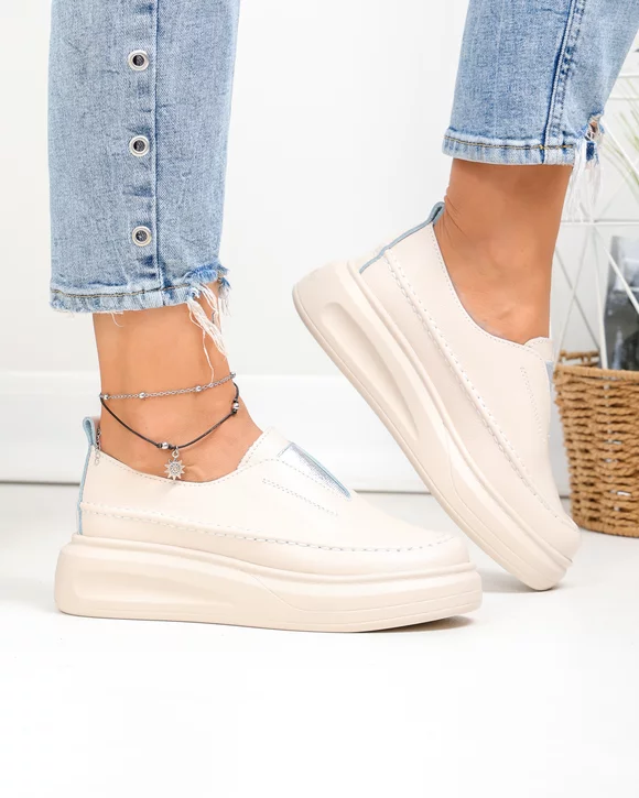 Pantofi casual dama piele naturala bej cu varf rotund T6060