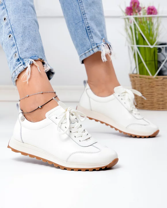 Pantofi casual dama piele naturala bej deschis cu inchidere sireturi F002-642