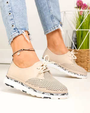 Pantofi casual dama piele naturala bej partial perforati cu inchidere sireturi JY3930
