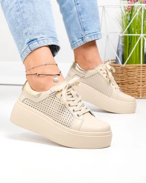 Pantofi casual dama piele naturala bej perforati cu inchidere sireturi T6042
