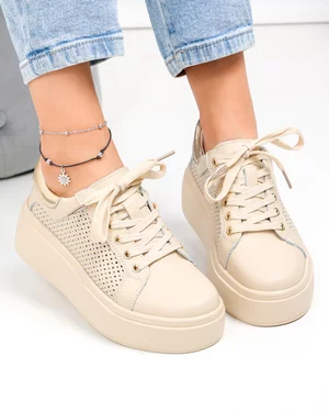 Pantofi casual dama piele naturala bej perforati cu inchidere sireturi T6042