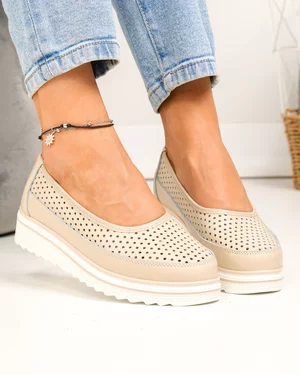 Pantofi casual dama piele naturala bej perforati cu talpa alba VK-F001-504