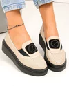Pantofi casual dama piele naturala bej perforati cu talpa neagra si inchidere slip-on JY3871 3