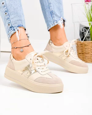 Incaltaminte Dama - Pantofi casual dama piele naturala bej si inchidere sireturi T-8076