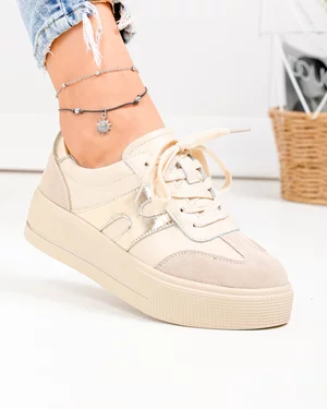 Pantofi casual dama piele naturala bej si inchidere sireturi T-8076