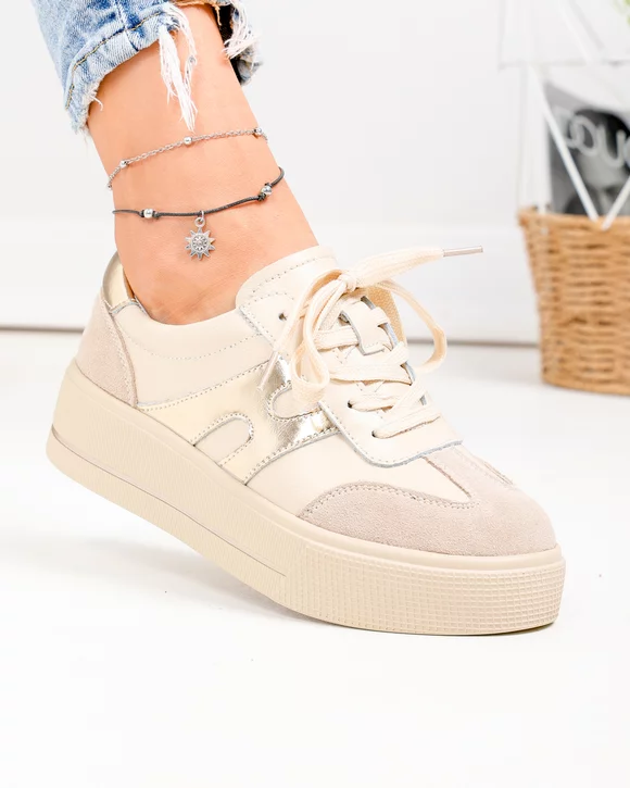 Pantofi casual dama piele naturala bej si inchidere sireturi T-8076