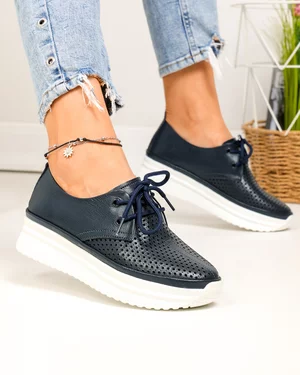 Pantofi casual dama piele naturala bleumarin cu inchidere sireturi si cusatura decorativa in varf JY3882