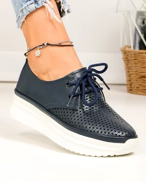 Pantofi casual dama piele naturala bleumarin cu inchidere sireturi si cusatura decorativa in varf JY3882