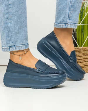 Pantofi casual dama piele naturala bleumarin cu inchidere slip-on F002-295