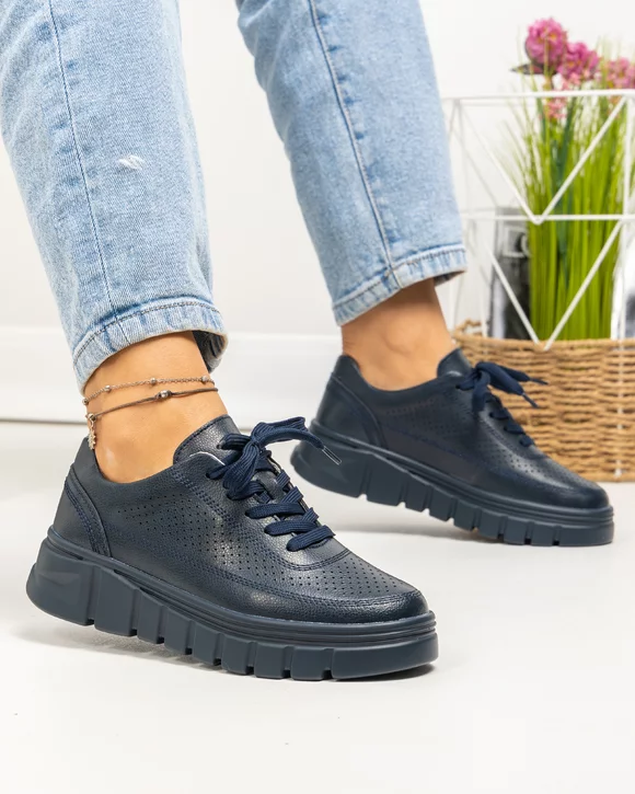 Pantofi casual dama piele naturala bleumarin cu perforatii decorative AW469