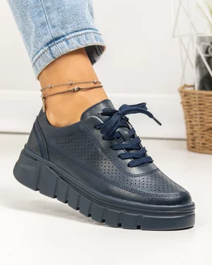 Pantofi casual dama piele naturala bleumarin cu perforatii decorative AW469