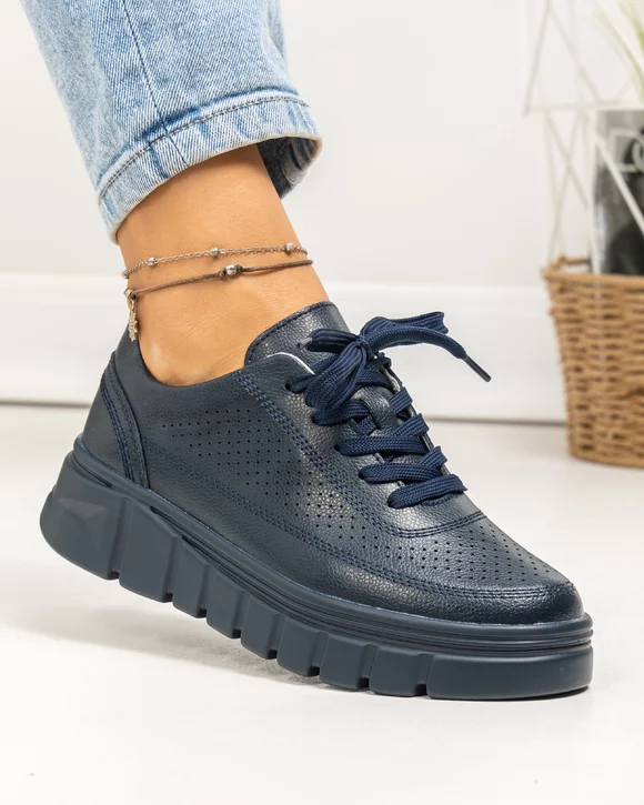 Pantofi casual dama piele naturala bleumarin cu perforatii decorative AW469