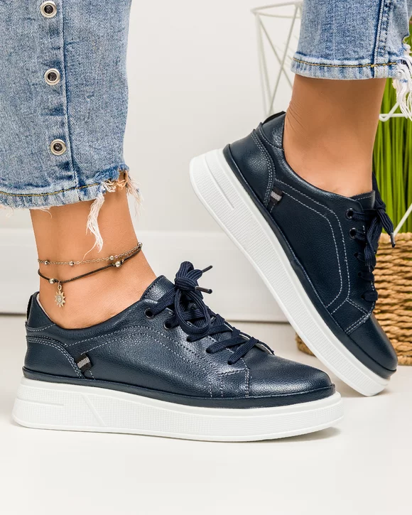 Pantofi casual dama piele naturala bleumarin cu talpa alba JY3285