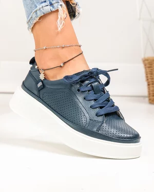 Pantofi casual dama piele naturala bleumarin cu talpa alba JY3285