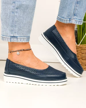 Pantofi casual dama piele naturala bleumarin cu talpa alba si inchidere slip-on VK-F001-504