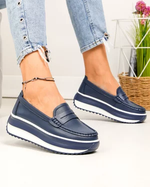 Pantofi casual dama piele naturala bleumarin cu talpa groasa F001-776