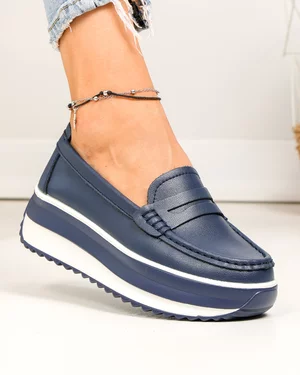 Pantofi casual dama piele naturala bleumarin cu talpa groasa F001-776