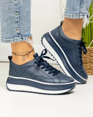 Pantofi casual dama piele naturala bleumarin cu talpa groasa si inchidere sireturi F001-750