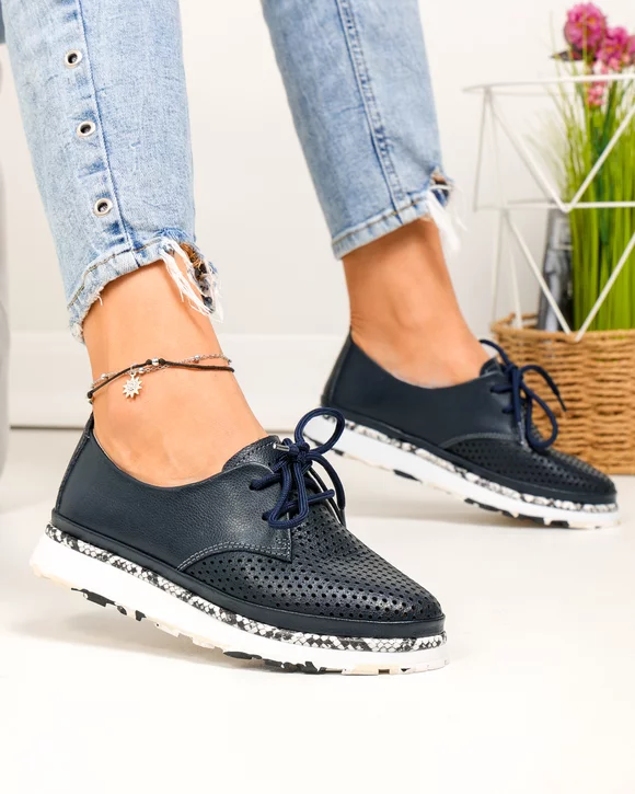 Pantofi casual dama piele naturala bleumarin perforati partial si insertie model sarpe JY3930