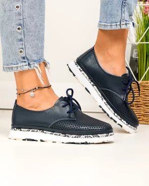 Pantofi casual dama piele naturala bleumarin perforati partial si insertie model sarpe JY3930