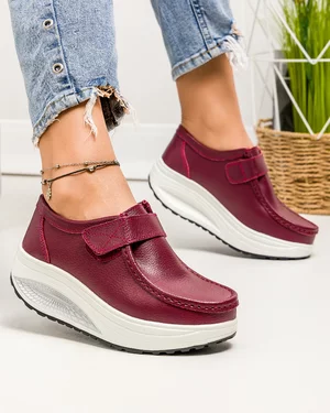 Pantofi casual dama piele naturala bordo cu talpa groasa si inchidere scai F003-001