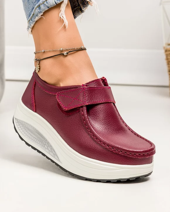 Pantofi casual dama piele naturala bordo cu talpa groasa si inchidere scai F003-001