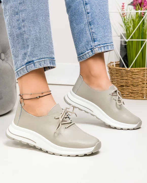 Pantofi casual dama piele naturala cu inchidere sireturi si cusatura centrala T-5931