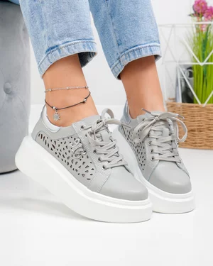 Pantofi casual dama piele naturala gri cu argintiu si inchidere sireturi T6043