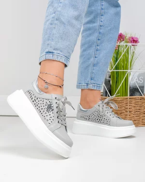 Pantofi casual dama piele naturala gri cu argintiu si inchidere sireturi T6043