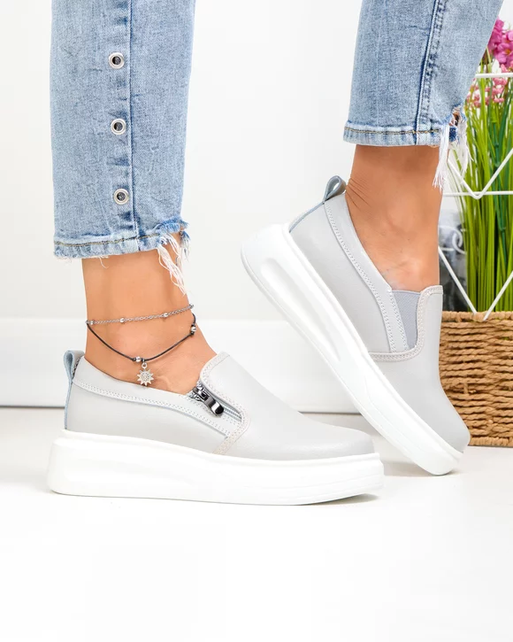 Pantofi casual dama piele naturala gri cu fermoar si insertie laterala T6051