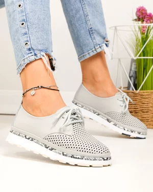 Pantofi casual dama piele naturala gri cu imprimeu sarpe si perforati partial JY3930