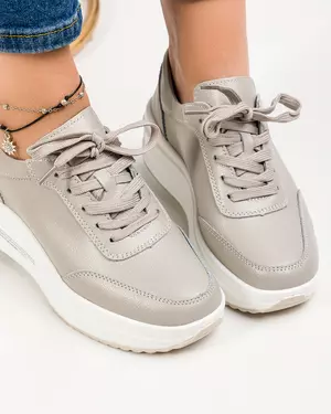 Pantofi casual dama piele naturala gri cu inchidere siret AW376