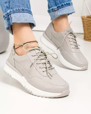 Pantofi casual dama piele naturala gri cu inchidere siret T- 5103