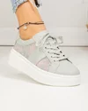 Pantofi casual dama piele naturala gri cu inchidere sireturi si panza cu model floral F001-848 3