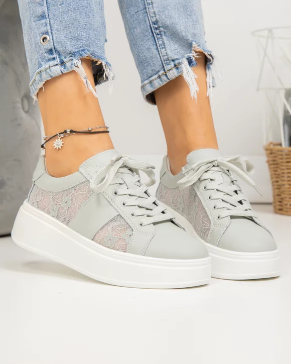 Pantofi casual dama piele naturala gri cu inchidere sireturi si panza cu model floral F001-848