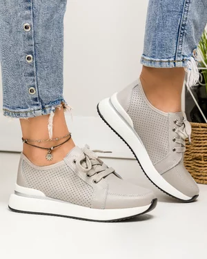 Pantofi casual dama piele naturala gri cu inchidere sireturi si varf rotund T-5951
