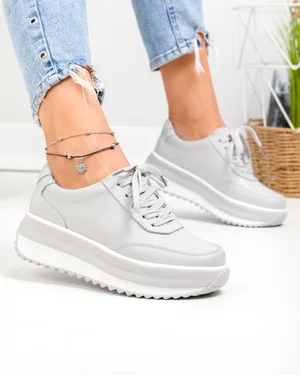 Pantofi casual dama piele naturala gri cu inchidere sireturi T6052