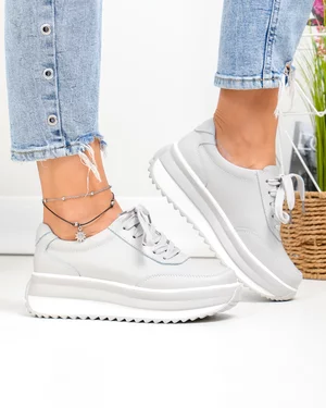 Pantofi casual dama piele naturala gri cu inchidere sireturi T6052