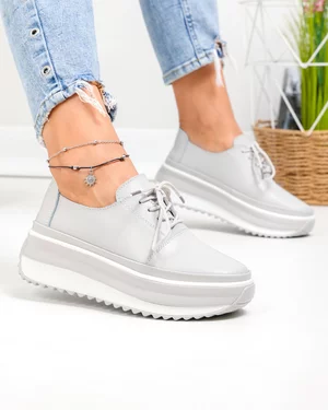 Pantofi casual dama piele naturala gri cu inchidere sireturi T6055